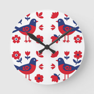 Relógio Redondo Arte Popular Padrão Floral Pássaro Azul Vermelho