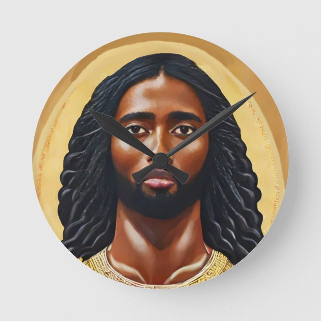 Relógio Redondo Arte Religiosa Cristo de Jesus Africano Negro (Frente)