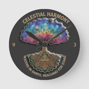 Relógio Redondo Árvore da Harmonia Celestial - Mandala de Meditaçã