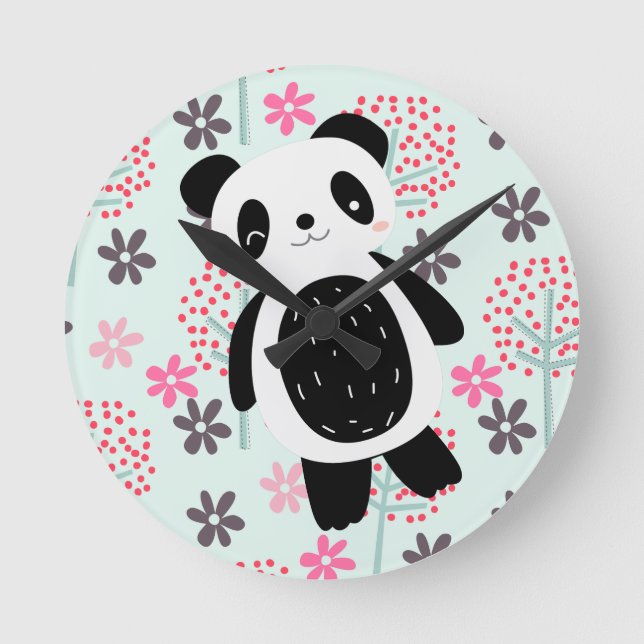 Relógio Redondo Árvores, Flores e Ursos de Panda (Frente)