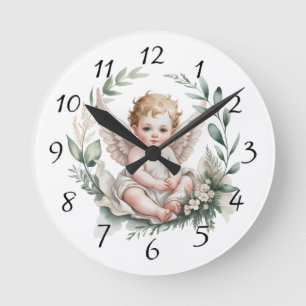 Relógio Redondo Asas de Anjo Aquarela Batismo Verde