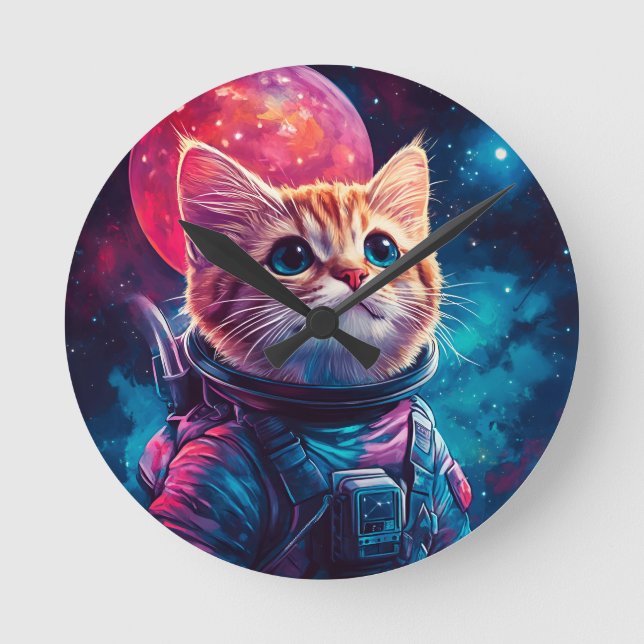 Relógio Redondo Astronauta de gato - espaço rosa (Frente)