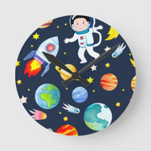 Relógio Redondo Astronauta no Espaço Planetas e Foguetes Padrão