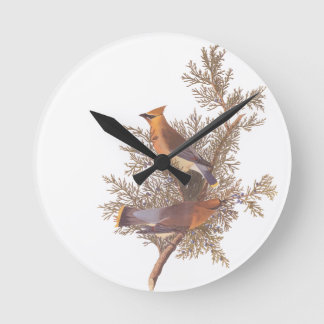 Relógio Redondo Audubon's Cedar Waxwing Bird Pair on Juniper Tree