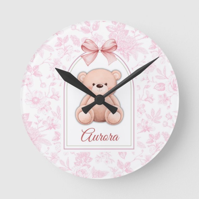 Relógio Redondo Aurora | Design Personalizado de Berçário com Urso (Frente)