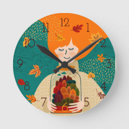 Relógio Redondo Autumn Girl with Tree in Jar