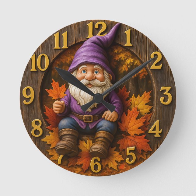 Relógio Redondo Autumn gnome with maple leaves rustic (Frente)
