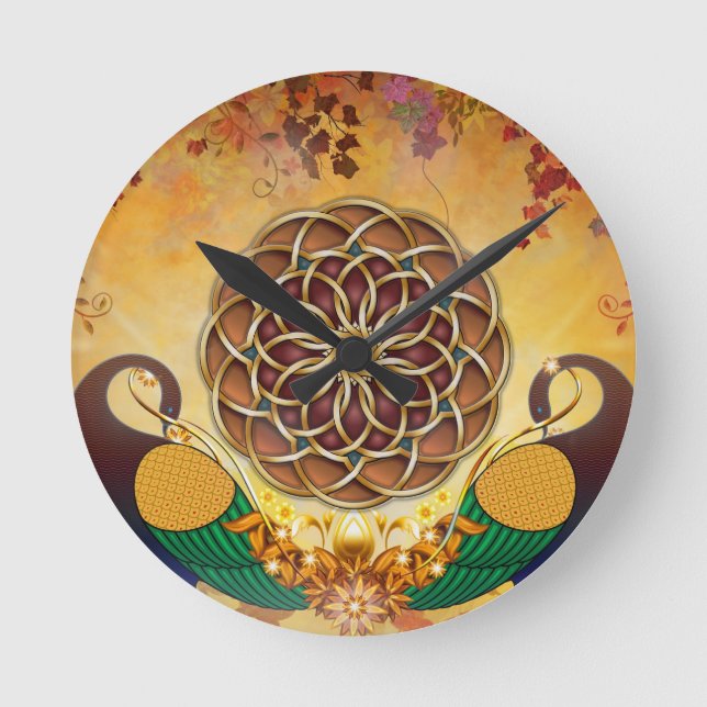 Relógio Redondo Autumn Serenade Mandala of the Two Peacocks Clock (Frente)