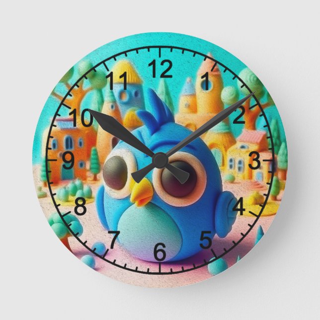 Relógio Redondo ave azul com olhos sobredimensionados (Frente)