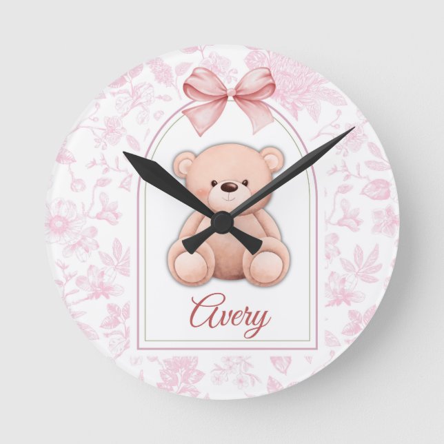 Relógio Redondo Avery | Design de Enfermeiro de Urso Rosa Personal (Frente)