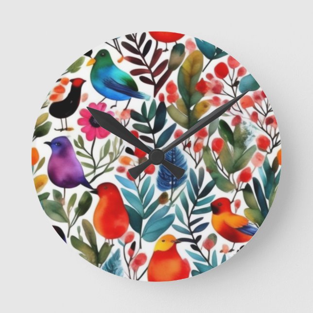 Relógio Redondo Aves florais coloridas (Frente)