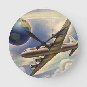 Relógio Redondo Avião Vintage Voando ao redor do mundo em nuvens