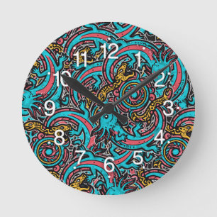 Relógio Redondo Axolote Azteca Xolotl Padrão Tribal mitologia boho