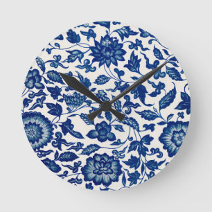 Relógio Redondo Azul Branco Flor Silvestre Francês Country Chinois