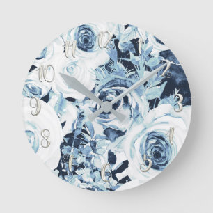 Relógio Redondo Azul Branco Prata Inverno Rústico Charme Rosas Ant