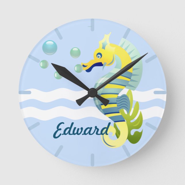 Relógio Redondo Azul e Cavalo de Mar Amarelo (Frente)