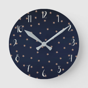Relógio Redondo Azul Escuro e Dourado Rosa Estrelas Brilhantes Est