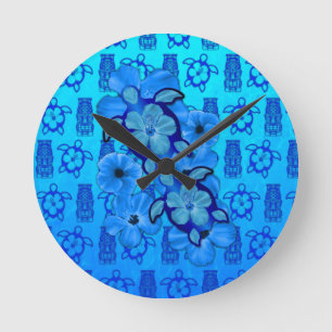 Relógio Redondo Azul Hibiscus Honu Turtles Tiki