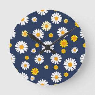 Relógio Redondo Azul Marinho Amarelo Floral Simples Padrão Retro D