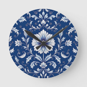 Relógio Redondo Azul Marinho Porcelana Padrão Floral