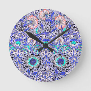 Relógio Redondo Azul vintage rosa Corncockle de William Morris