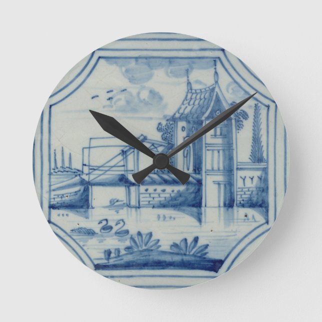 Relógio Redondo Azulejo Delft mostrando uma ponte de levante sobre (Frente)