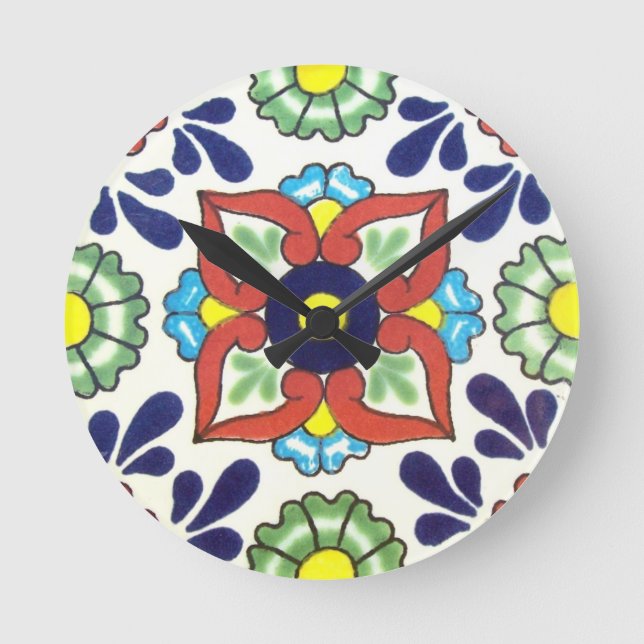 Relógio Redondo Azulejo mexicano Talavera (vermelho, verde, amarel (Frente)