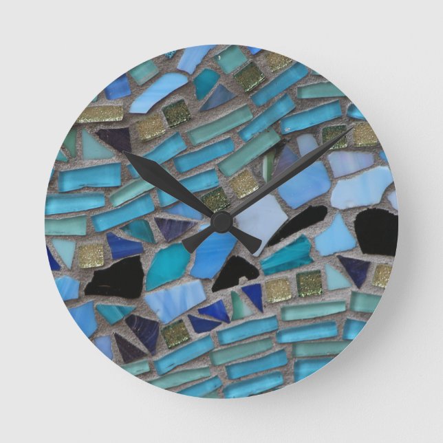 Relógio Redondo Azulejos Mosaico de Azul e Verde (Frente)