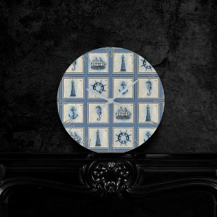 Relógio Redondo Azulejos náuticos   Roda do navio de ancoragem az