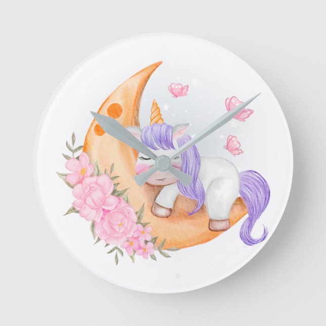 Relógio Redondo Baby Unicorn Over The Moon with Flowers (Frente)