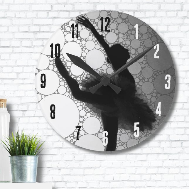 Relógio Redondo Balé Black White Dancing Ballerina (Cute Ombre Abstract Black White Dancing Ballerina Round Clock)