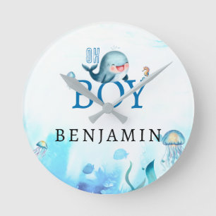Relógio Redondo Baleia Cura Sob Aquarela Marinha Branco Azul