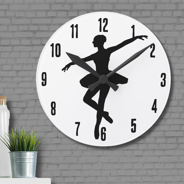 Relógio Redondo Ballerina branca branca branca Balé simples (Cute Simple Black White Ballet Dancing Ballerina Round Clock)