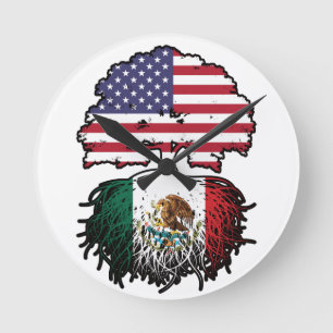 Relógio Redondo Bandeira das Raízes da Árvore dos EUA mexicano