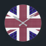 Relógio Redondo Bandeira do Reino Unido, Inglaterra, Bandeira da G<br><div class="desc">Sinalizador do Reino Unido,  Inglaterra,  Relógio de Bandeira do Reino Unido Excelente.
A bandeira é feita com imagens de pedras de Gema:
O fundo azul são apires azuis em forma retangular.
As listras vermelhas são rubis em forma retangular.
As Estrelas são Ouros.</div>