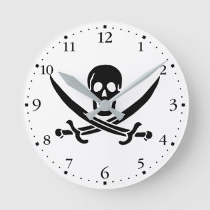 Relógio Redondo Bandeira Pirata Caveira Espadas Cruzadas
