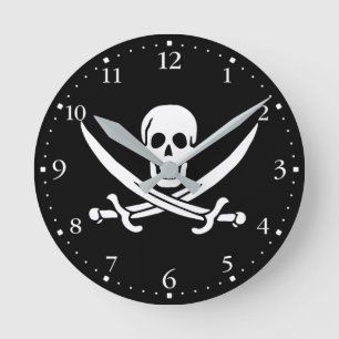 Relógio Redondo Bandeira Pirata Caveira Espadas Cruzadas
