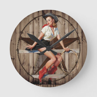 Relógio Redondo Barn Wood Texas Star West Country Cowgirl