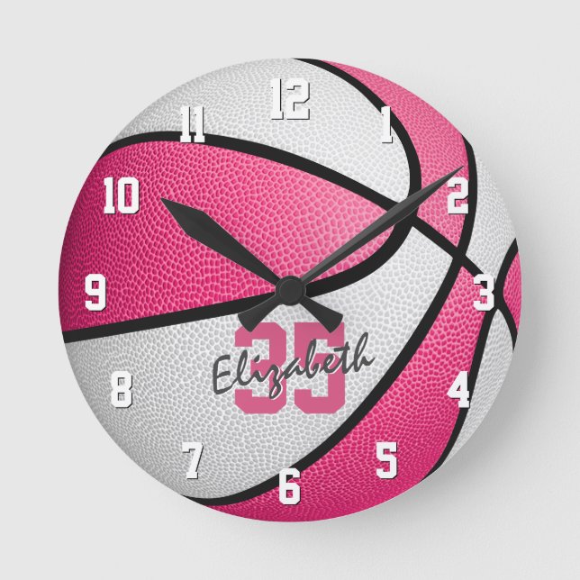 Relógio Redondo basquete personalizado branco rosado feminino (Frente)