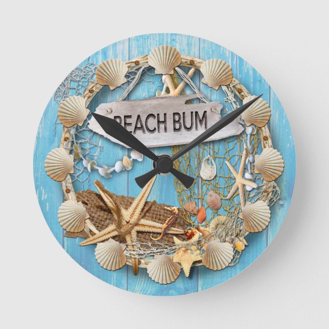 Relógio Redondo Beach Hut/Beach House Clock, Beach Bum (Frente)
