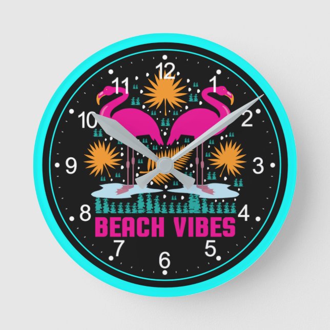 Relógio Redondo Beach Vibes Pink Flamingos-19501 (Frente)