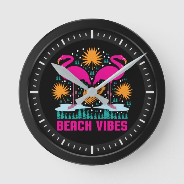 Relógio Redondo Beach Vibes Pink Flamingos-19501 (Frente)
