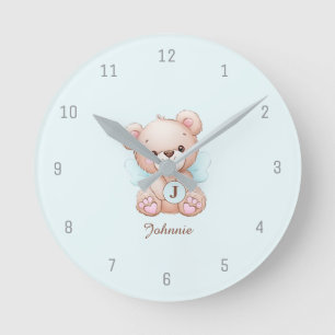 Relógio Redondo Bear Azul Bebê Monograma Adicionar Nome Wall Clock