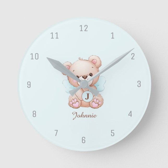 Relógio Redondo Bear Azul Bebê Monograma Adicionar Nome Wall Clock (Frente)