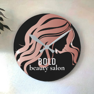 Relógio Redondo Beaut Salon Business Name Rosa Gold Foil + Black