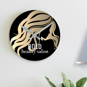 Relógio Redondo Beaut Salon Business Nome Metálico Dourado + Preto