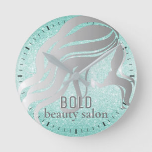 Relógio Redondo Beaut Salon Name Silver Foil + Aqua Blue Glitter