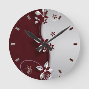 Relógio Redondo Beautiful dark red and silver grey effect flowers