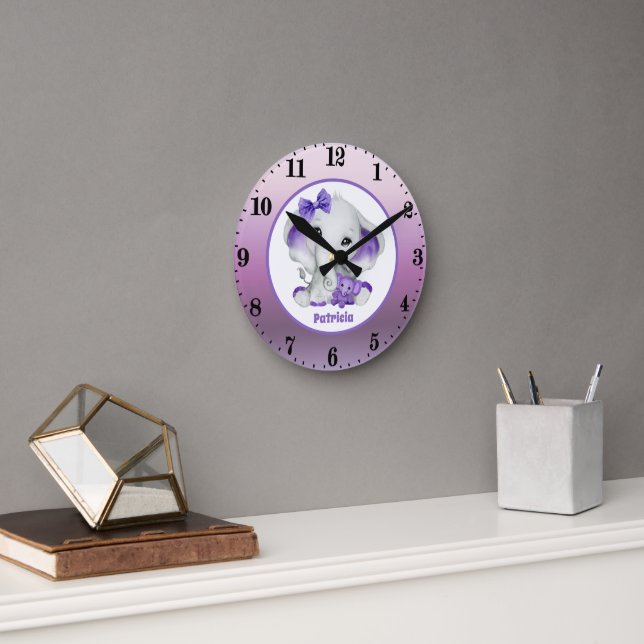 Relógio Redondo bebê elefante adiciona nome ao berçário (Escritório)