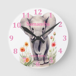 Relógio Redondo Bebê Elefante Fofo Pastel Flor de Primavera Aquare